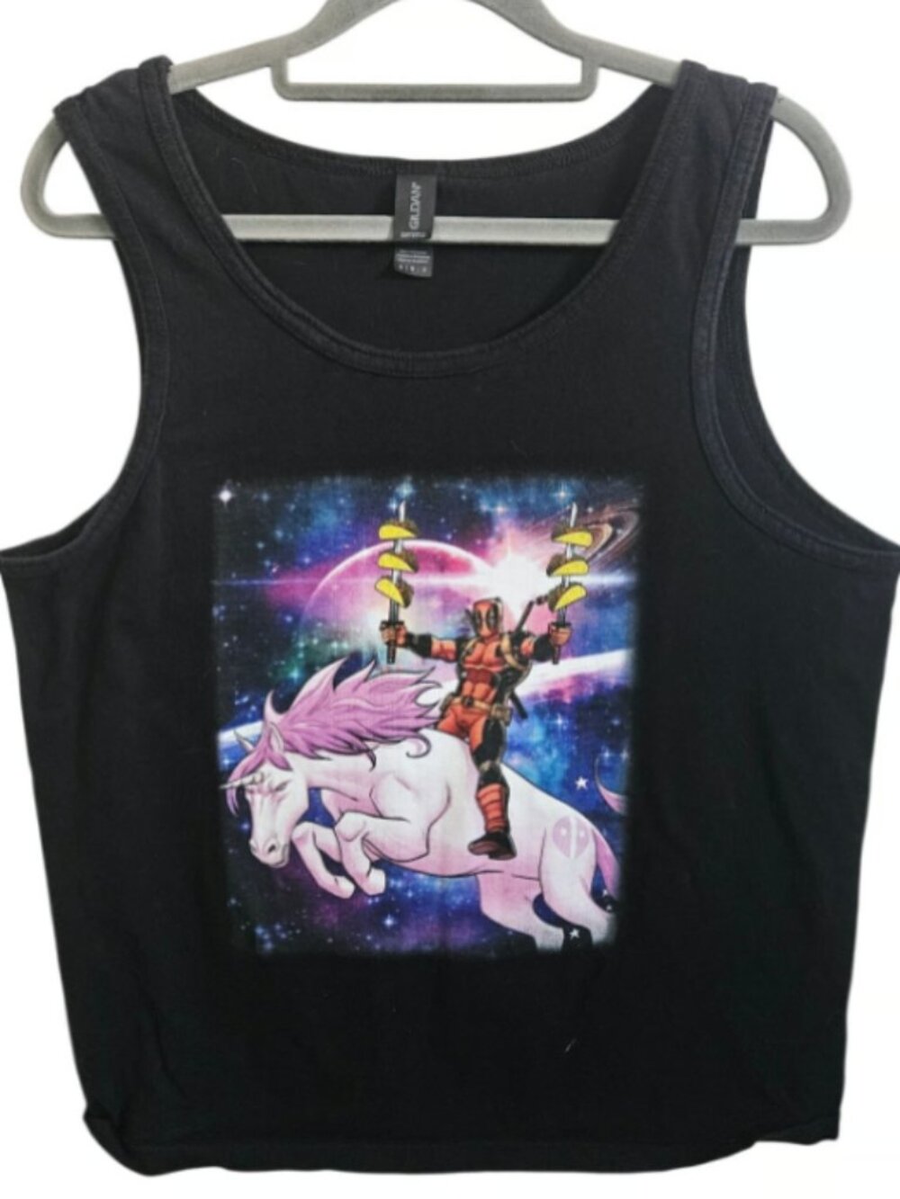 Deadpool Space Unicorn Taco Tank Top Black Whimsical Galaxy Marvel Gildan Sz M